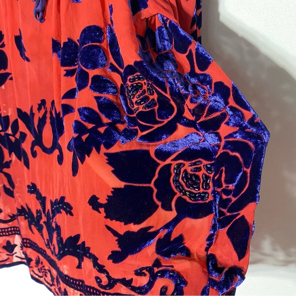 Vintage Hale Bob Semi Sheer Red and Navy Blue Beaded Velvet Silk Boho Blouse S - Picture 9 of 16